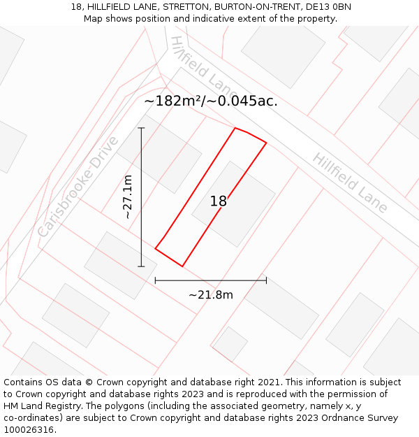 18, HILLFIELD LANE, STRETTON, BURTON-ON-TRENT, DE13 0BN: Plot and title map