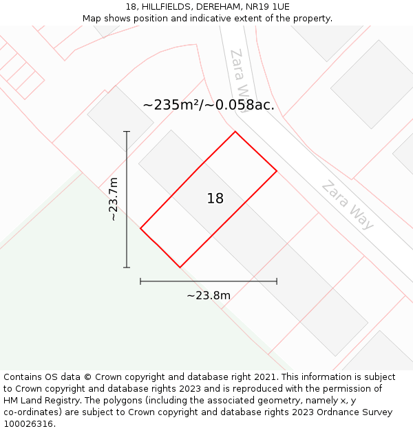 18, HILLFIELDS, DEREHAM, NR19 1UE: Plot and title map