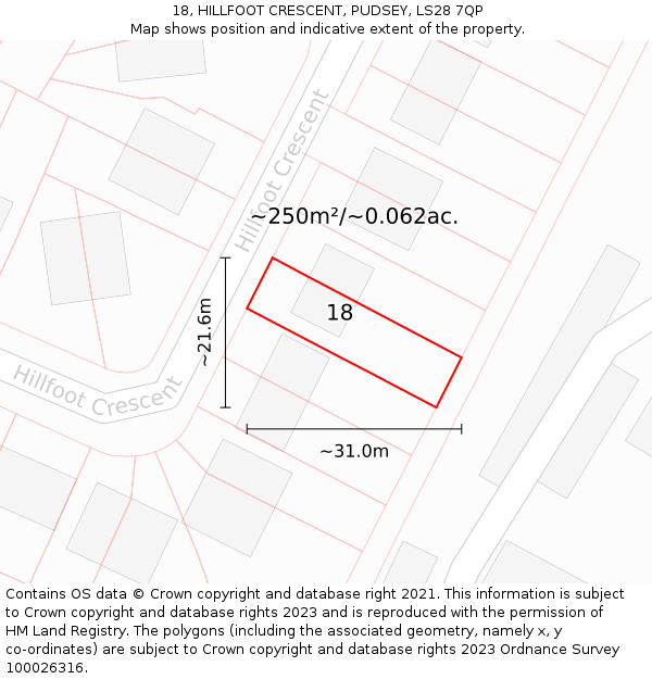 18, HILLFOOT CRESCENT, PUDSEY, LS28 7QP: Plot and title map