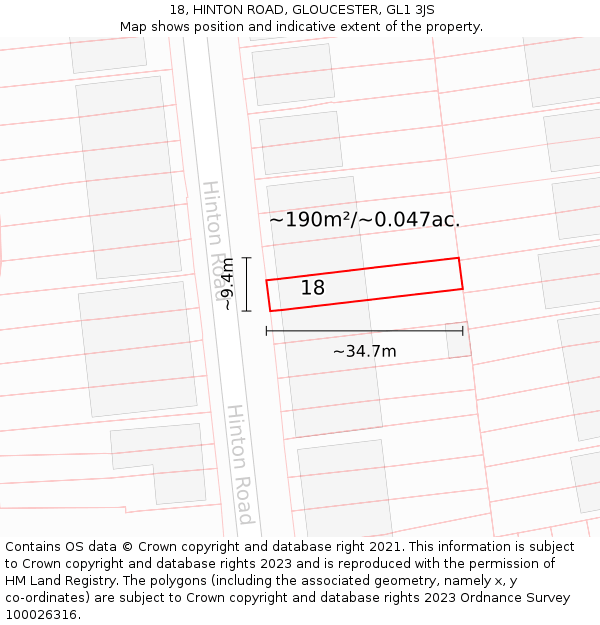 18, HINTON ROAD, GLOUCESTER, GL1 3JS: Plot and title map