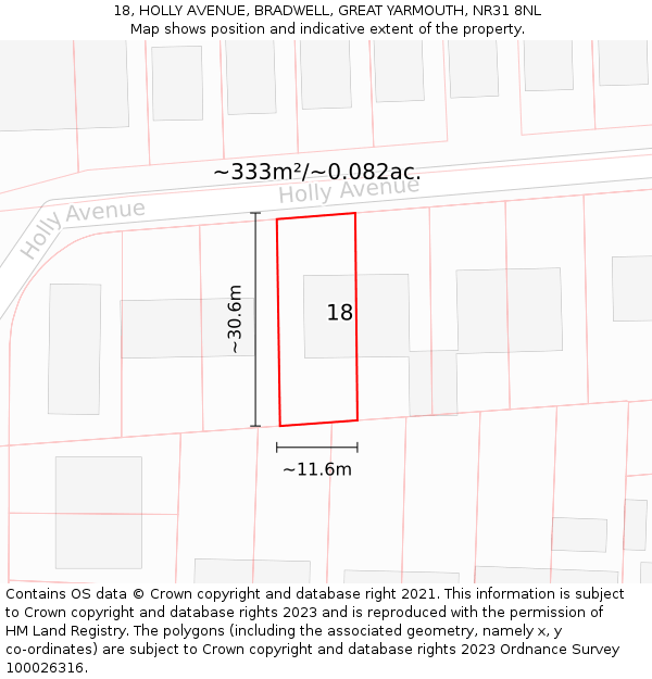 18, HOLLY AVENUE, BRADWELL, GREAT YARMOUTH, NR31 8NL: Plot and title map