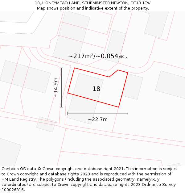 18, HONEYMEAD LANE, STURMINSTER NEWTON, DT10 1EW: Plot and title map