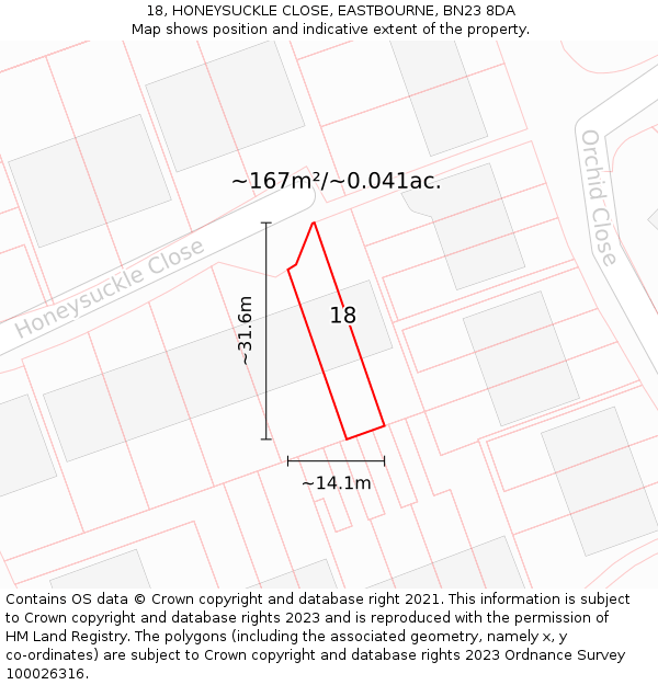 18, HONEYSUCKLE CLOSE, EASTBOURNE, BN23 8DA: Plot and title map