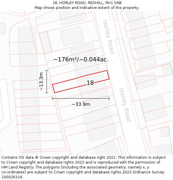 18, HORLEY ROAD, REDHILL, RH1 5AB: Plot and title map