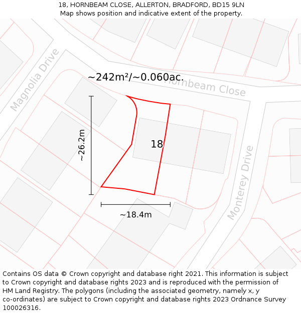 18, HORNBEAM CLOSE, ALLERTON, BRADFORD, BD15 9LN: Plot and title map