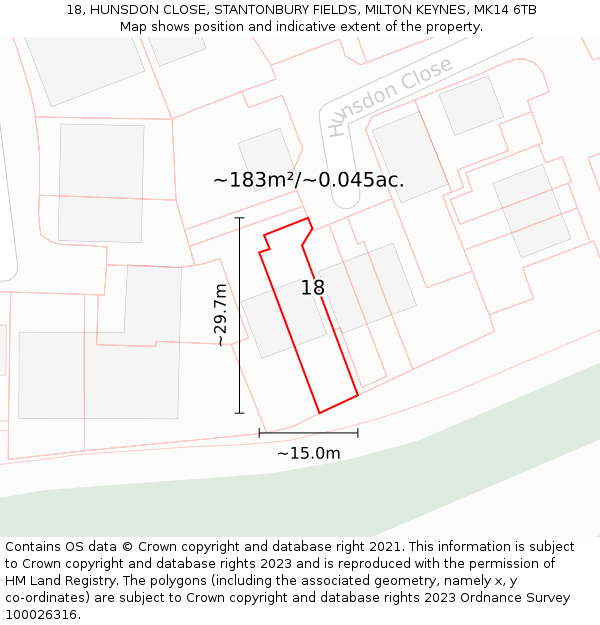 18, HUNSDON CLOSE, STANTONBURY FIELDS, MILTON KEYNES, MK14 6TB: Plot and title map