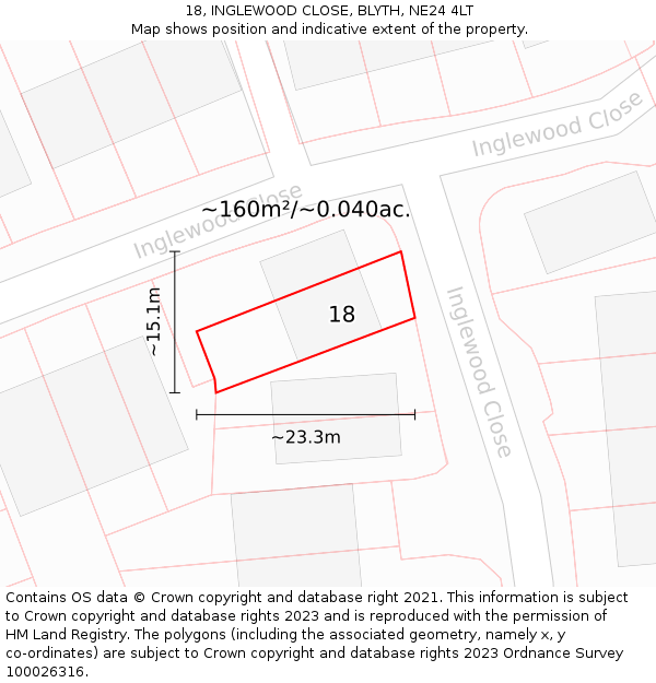 18, INGLEWOOD CLOSE, BLYTH, NE24 4LT: Plot and title map