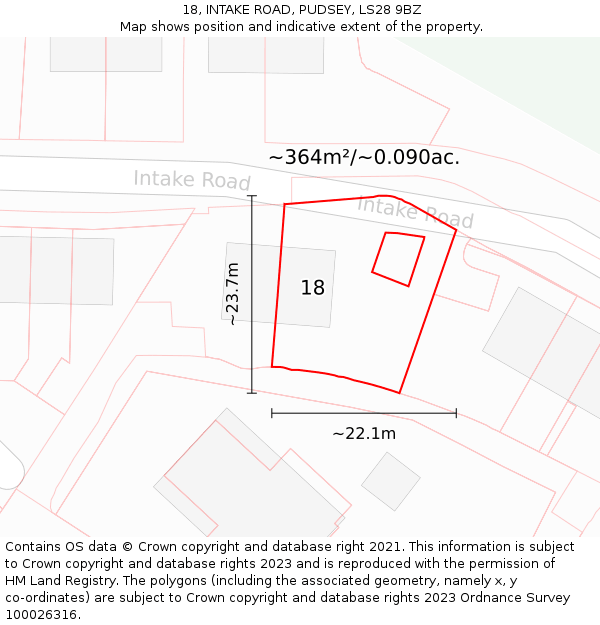 18, INTAKE ROAD, PUDSEY, LS28 9BZ: Plot and title map