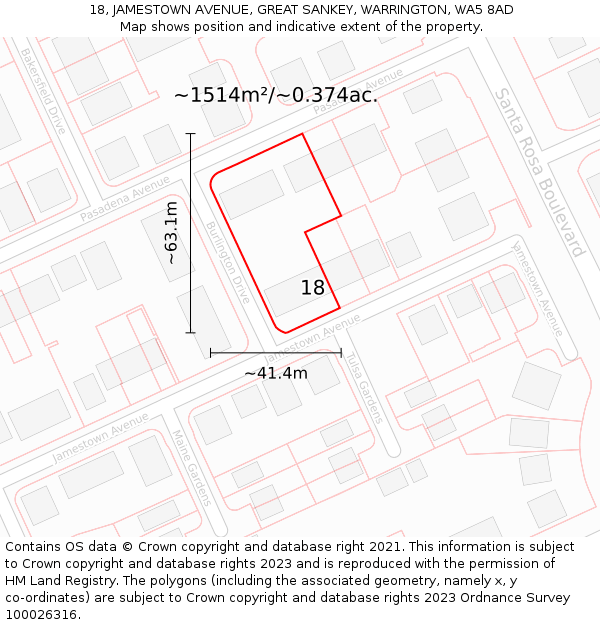 18, JAMESTOWN AVENUE, GREAT SANKEY, WARRINGTON, WA5 8AD: Plot and title map