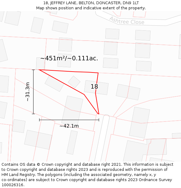 18, JEFFREY LANE, BELTON, DONCASTER, DN9 1LT: Plot and title map