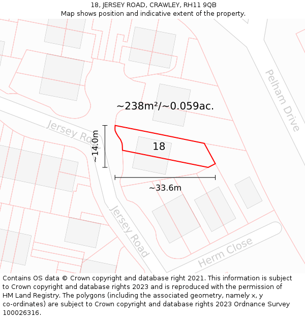 18, JERSEY ROAD, CRAWLEY, RH11 9QB: Plot and title map