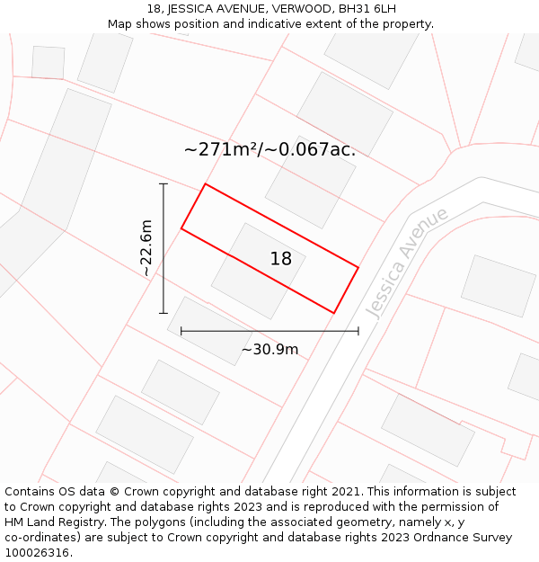 18, JESSICA AVENUE, VERWOOD, BH31 6LH: Plot and title map