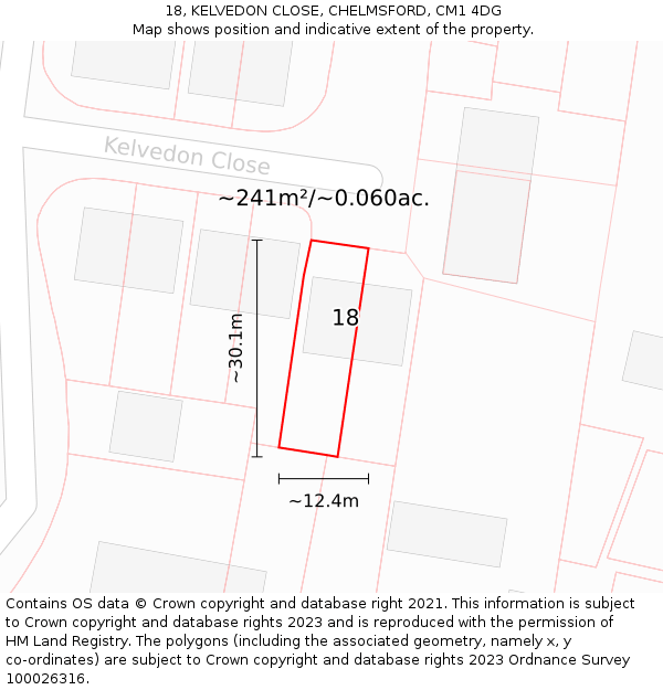 18, KELVEDON CLOSE, CHELMSFORD, CM1 4DG: Plot and title map