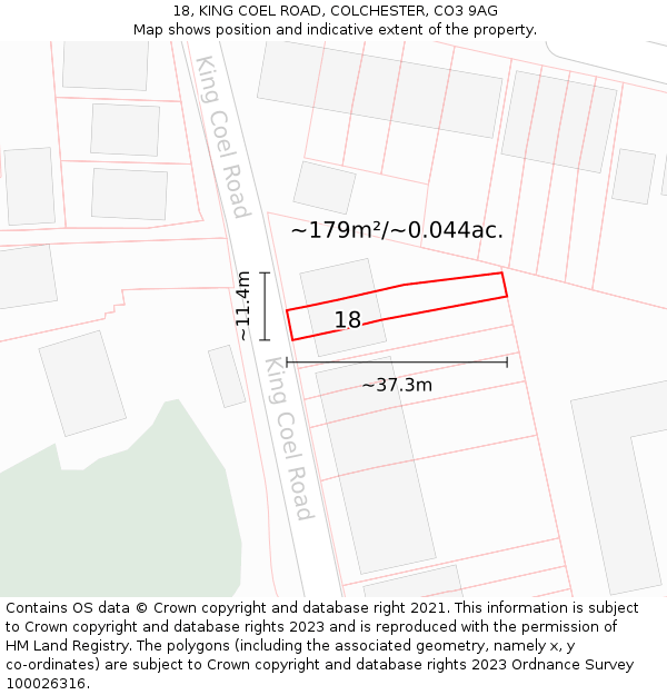 18, KING COEL ROAD, COLCHESTER, CO3 9AG: Plot and title map