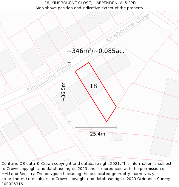 18, KINSBOURNE CLOSE, HARPENDEN, AL5 3PB: Plot and title map
