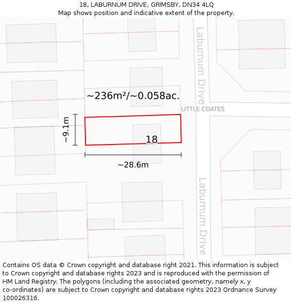 18, LABURNUM DRIVE, GRIMSBY, DN34 4LQ: Plot and title map