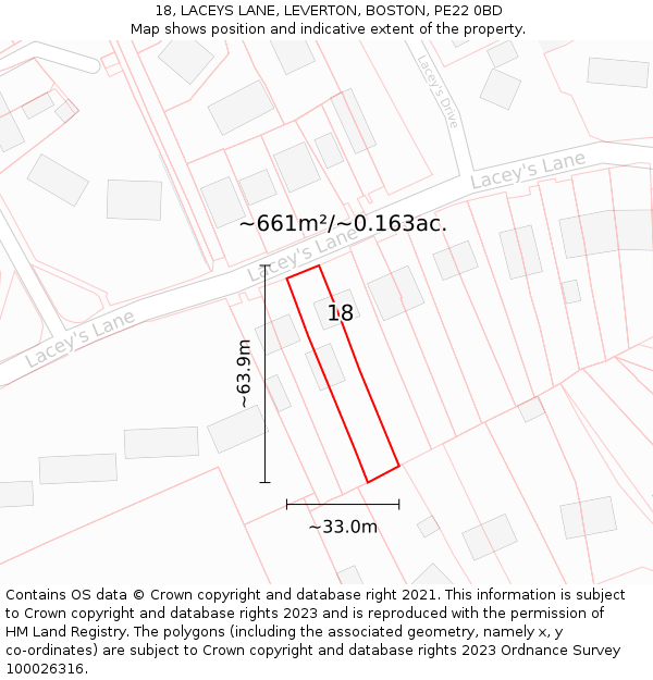 18, LACEYS LANE, LEVERTON, BOSTON, PE22 0BD: Plot and title map