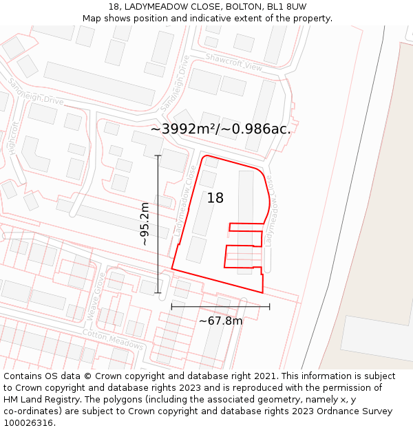 18, LADYMEADOW CLOSE, BOLTON, BL1 8UW: Plot and title map