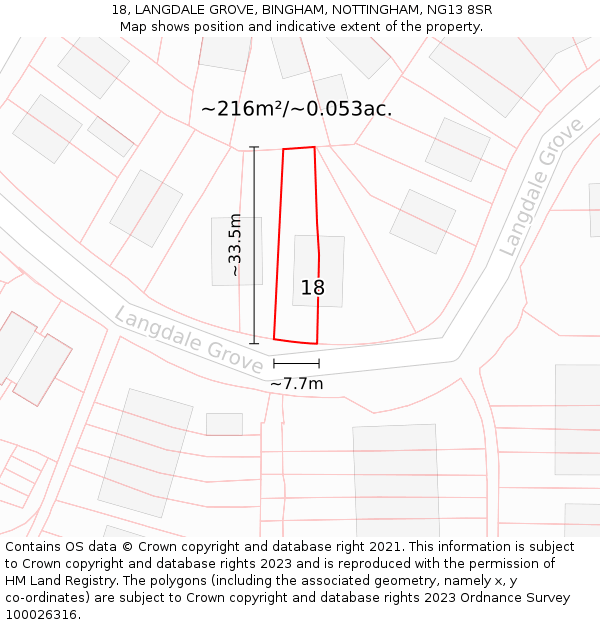 18, LANGDALE GROVE, BINGHAM, NOTTINGHAM, NG13 8SR: Plot and title map