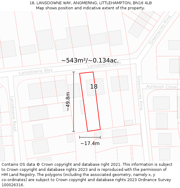 18, LANSDOWNE WAY, ANGMERING, LITTLEHAMPTON, BN16 4LB: Plot and title map