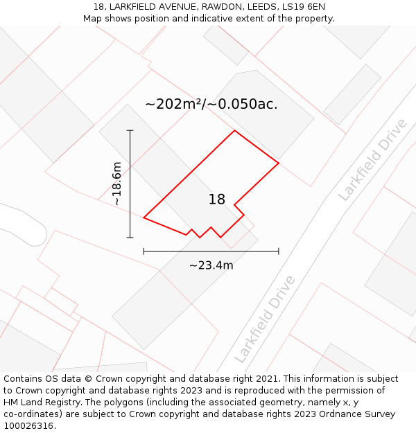 18, LARKFIELD AVENUE, RAWDON, LEEDS, LS19 6EN: Plot and title map