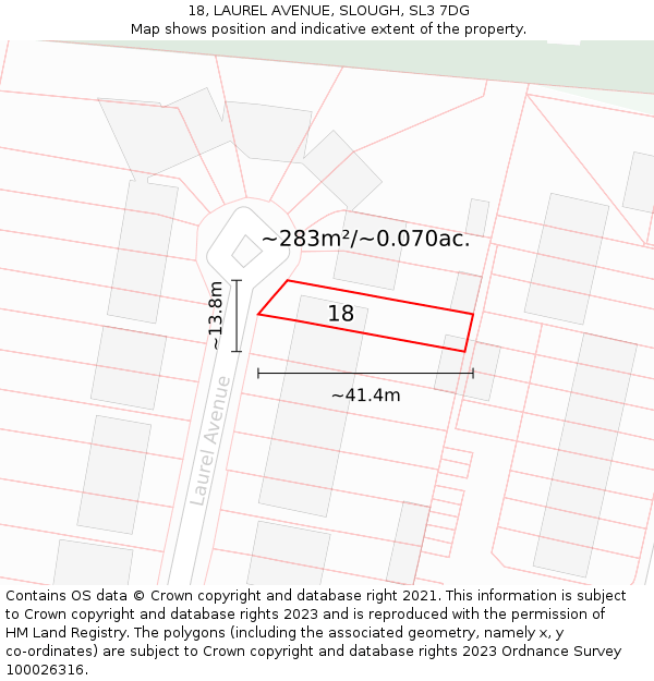 18, LAUREL AVENUE, SLOUGH, SL3 7DG: Plot and title map