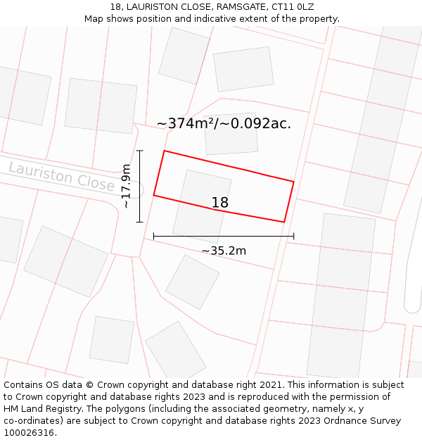 18, LAURISTON CLOSE, RAMSGATE, CT11 0LZ: Plot and title map