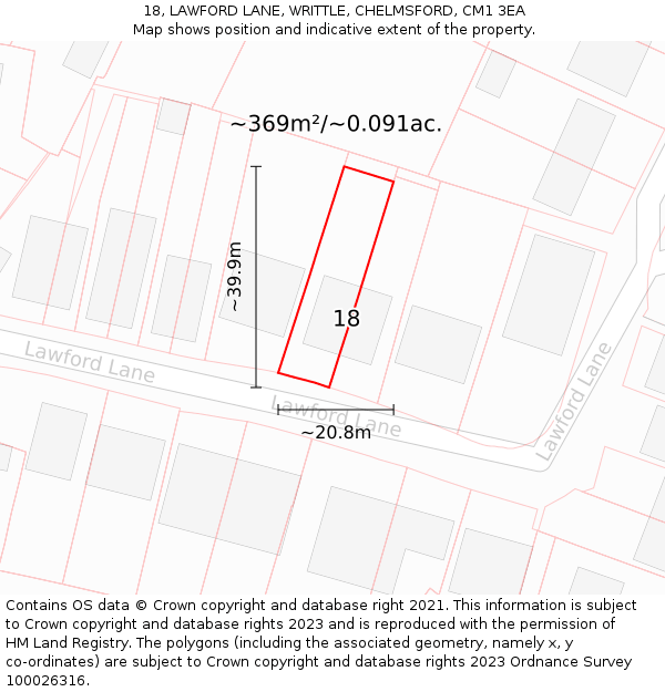 18, LAWFORD LANE, WRITTLE, CHELMSFORD, CM1 3EA: Plot and title map