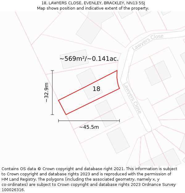 18, LAWYERS CLOSE, EVENLEY, BRACKLEY, NN13 5SJ: Plot and title map