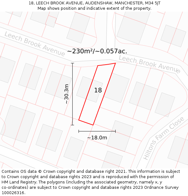 18, LEECH BROOK AVENUE, AUDENSHAW, MANCHESTER, M34 5JT: Plot and title map