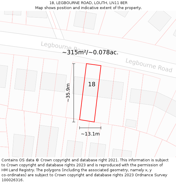 18, LEGBOURNE ROAD, LOUTH, LN11 8ER: Plot and title map