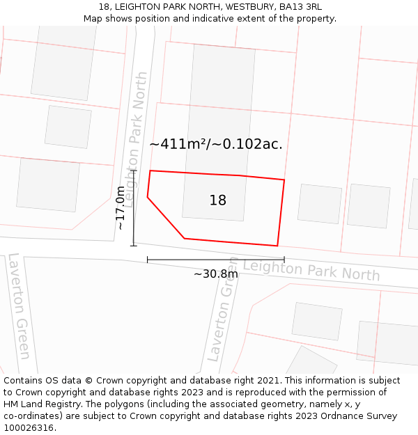 18, LEIGHTON PARK NORTH, WESTBURY, BA13 3RL: Plot and title map