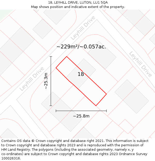 18, LEYHILL DRIVE, LUTON, LU1 5QA: Plot and title map