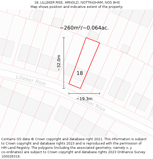 18, LILLEKER RISE, ARNOLD, NOTTINGHAM, NG5 8HS: Plot and title map