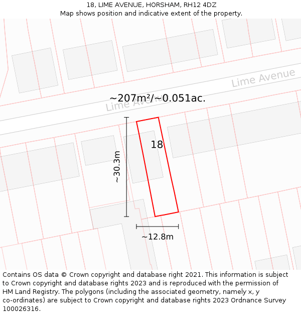 18, LIME AVENUE, HORSHAM, RH12 4DZ: Plot and title map