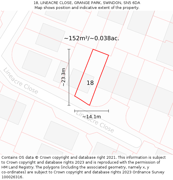 18, LINEACRE CLOSE, GRANGE PARK, SWINDON, SN5 6DA: Plot and title map