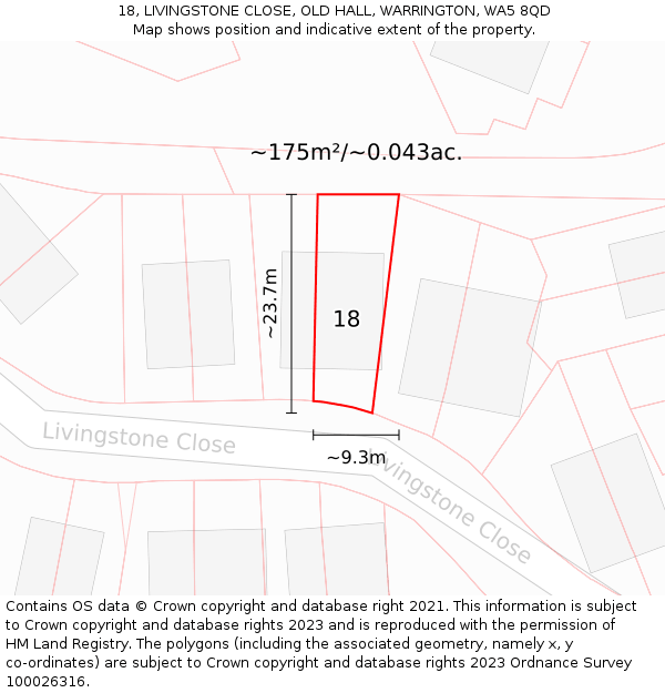 18, LIVINGSTONE CLOSE, OLD HALL, WARRINGTON, WA5 8QD: Plot and title map