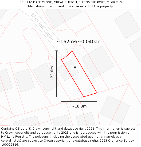 18, LLANDAFF CLOSE, GREAT SUTTON, ELLESMERE PORT, CH66 2HS: Plot and title map