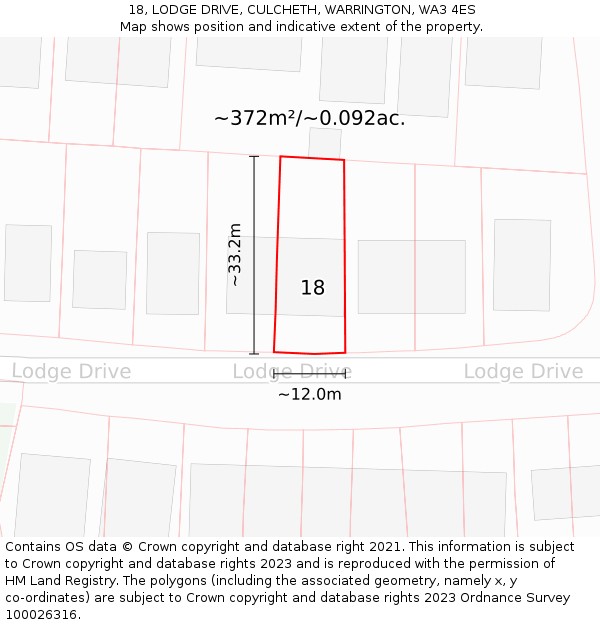 18, LODGE DRIVE, CULCHETH, WARRINGTON, WA3 4ES: Plot and title map