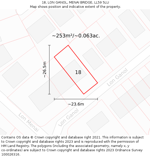 18, LON GANOL, MENAI BRIDGE, LL59 5LU: Plot and title map