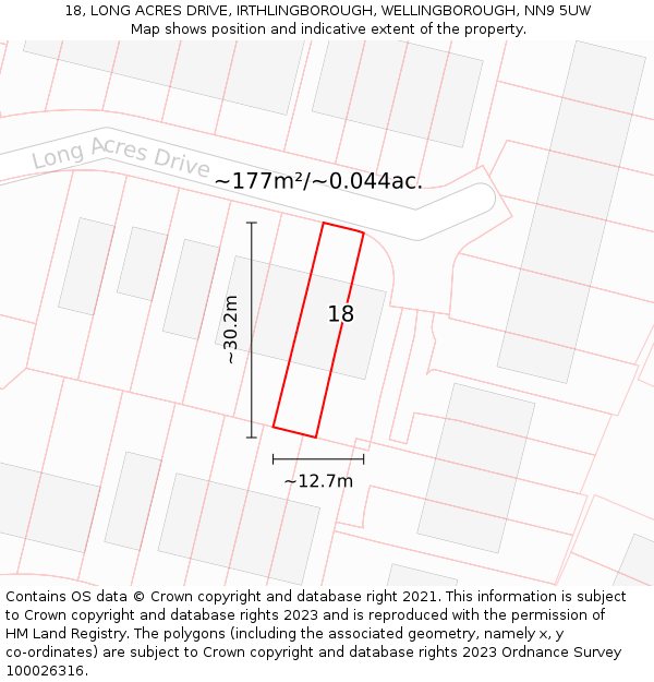 18, LONG ACRES DRIVE, IRTHLINGBOROUGH, WELLINGBOROUGH, NN9 5UW: Plot and title map