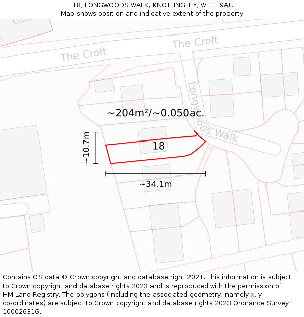 18, LONGWOODS WALK, KNOTTINGLEY, WF11 9AU: Plot and title map