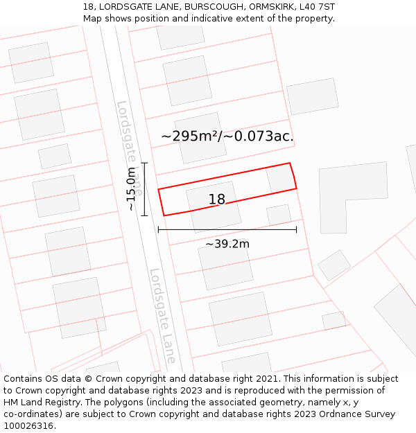 18, LORDSGATE LANE, BURSCOUGH, ORMSKIRK, L40 7ST: Plot and title map