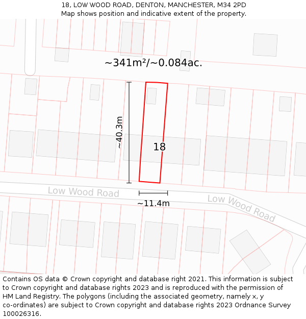 18, LOW WOOD ROAD, DENTON, MANCHESTER, M34 2PD: Plot and title map