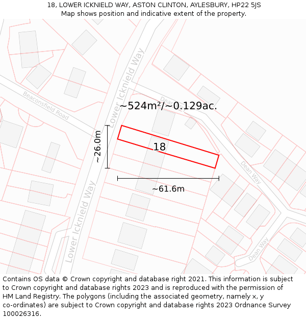 18, LOWER ICKNIELD WAY, ASTON CLINTON, AYLESBURY, HP22 5JS: Plot and title map