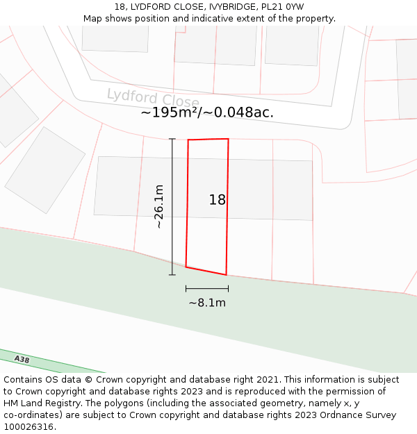 18, LYDFORD CLOSE, IVYBRIDGE, PL21 0YW: Plot and title map