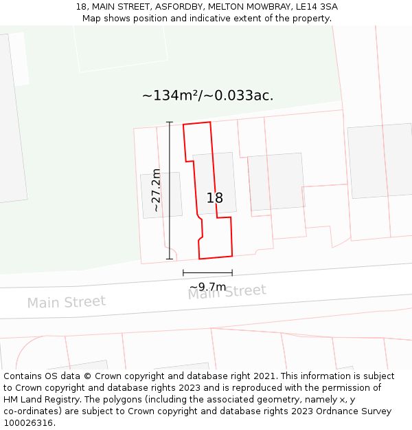 18, MAIN STREET, ASFORDBY, MELTON MOWBRAY, LE14 3SA: Plot and title map