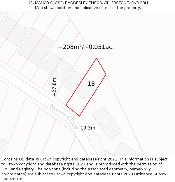 18, MANOR CLOSE, BADDESLEY ENSOR, ATHERSTONE, CV9 2BH: Plot and title map