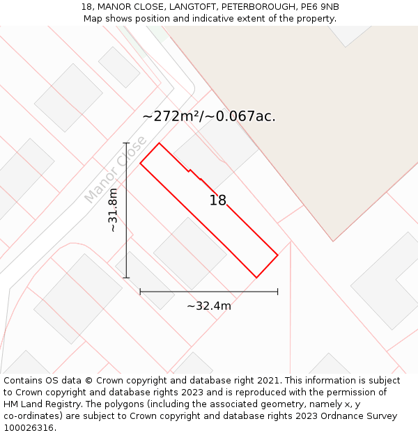 18, MANOR CLOSE, LANGTOFT, PETERBOROUGH, PE6 9NB: Plot and title map