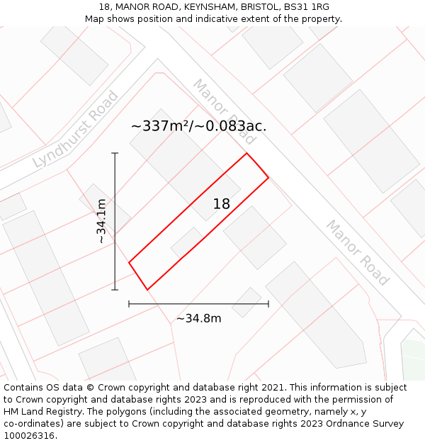 18, MANOR ROAD, KEYNSHAM, BRISTOL, BS31 1RG: Plot and title map